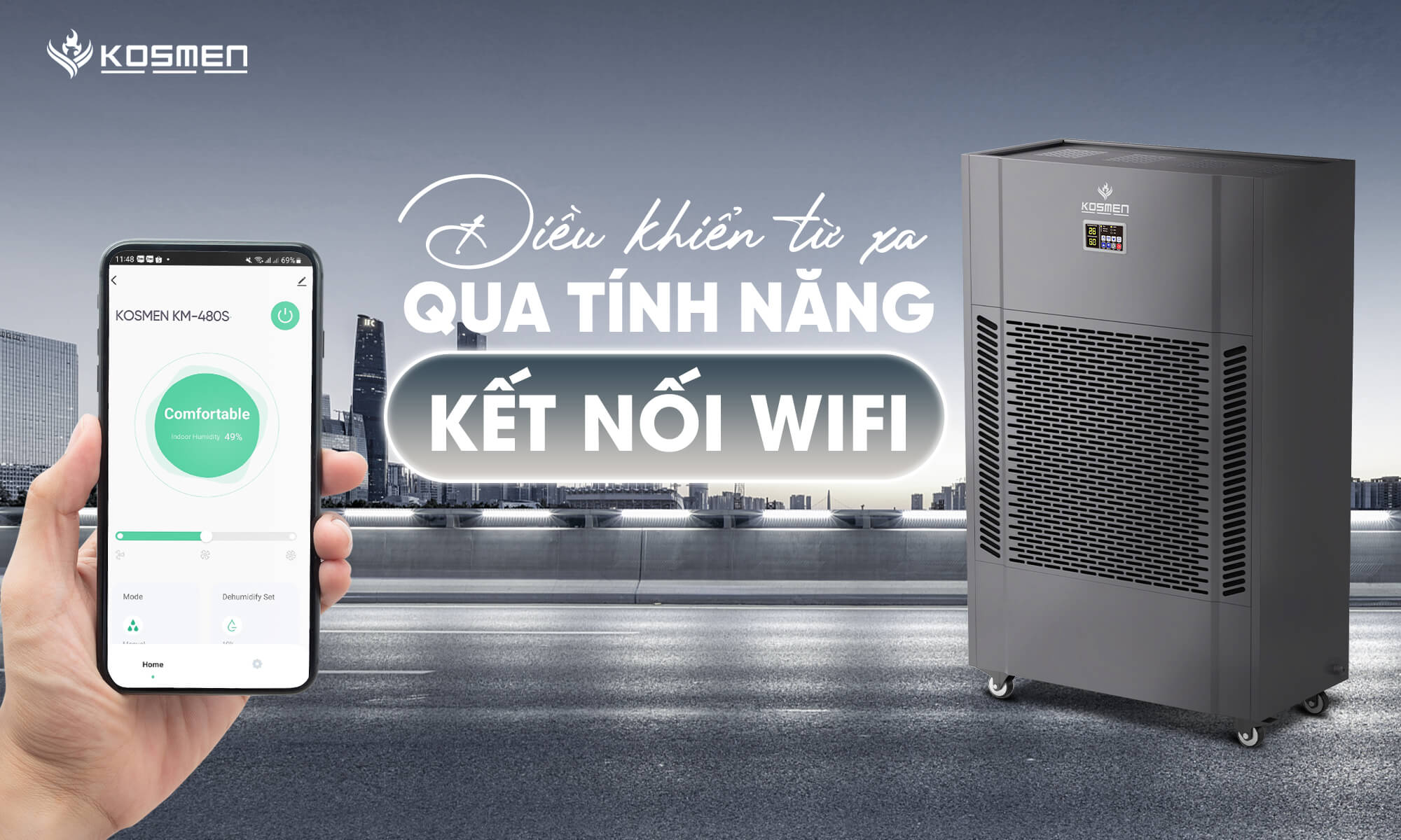Máy hút ẩm Kosmen KM-480S kết nối wifi vận hành từ xa không cần vào kho hàng hóa