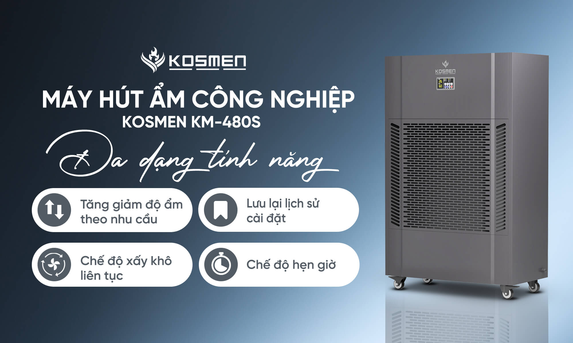 Máy hút ẩm Kosmen KM-480S trang bị nhiều tính năng tiện ích