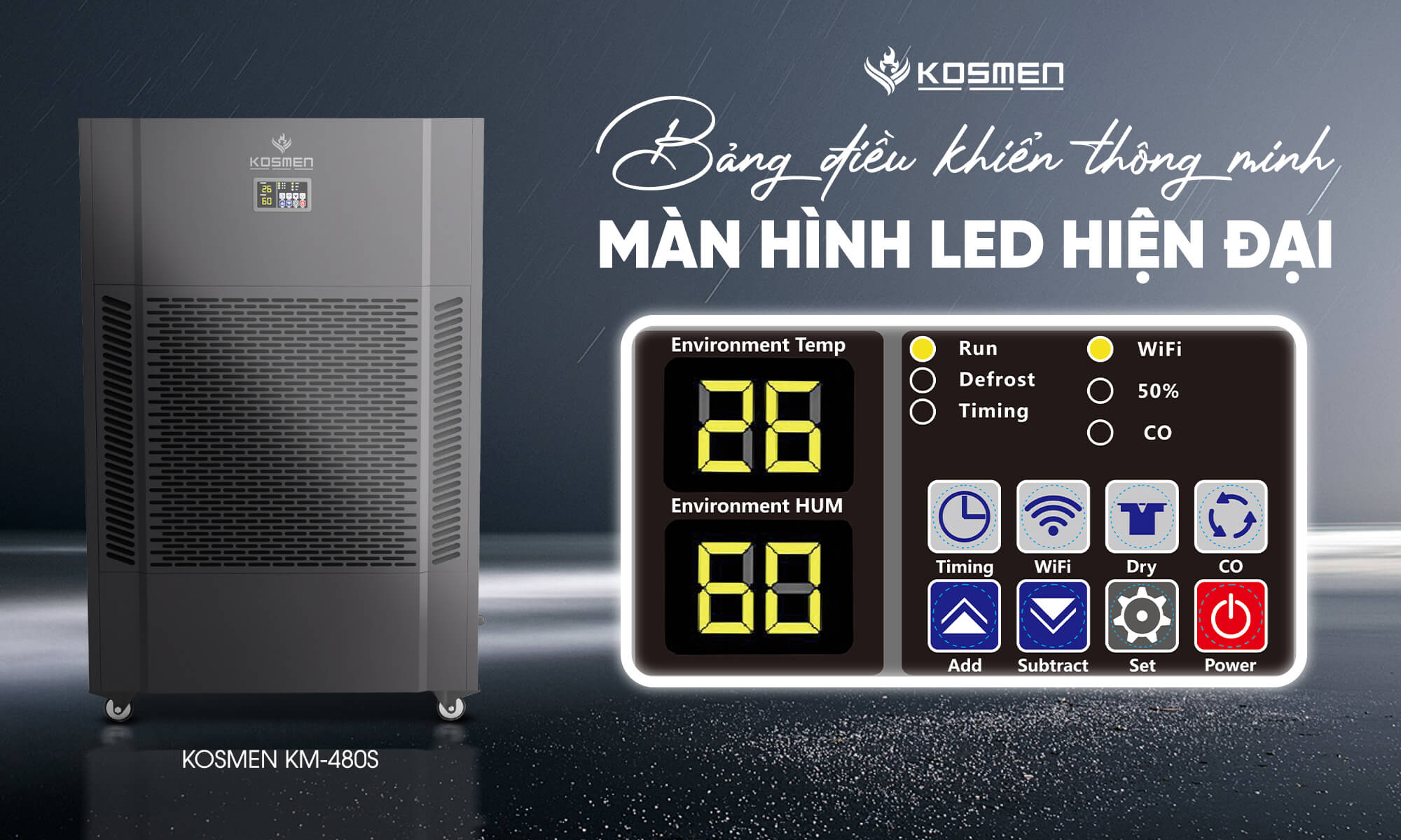 Bảng điều khiển máy hút ẩm Kosmen KM-480S tích hợp đa chức năng