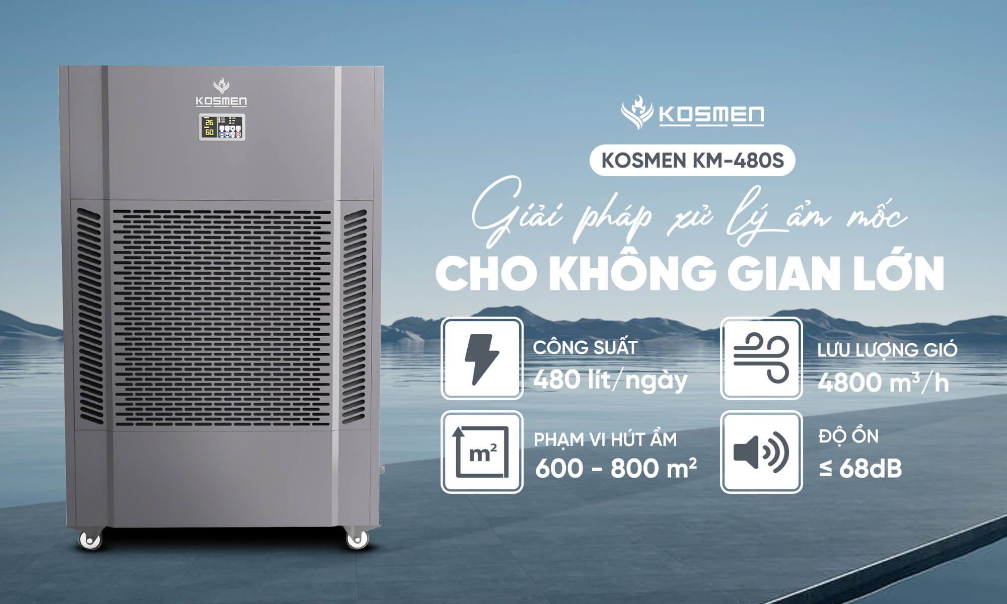 Máy hút ẩm Kosmen KM-480S xử lý ẩm hiệu quả trong phạm vi diện tích lớn